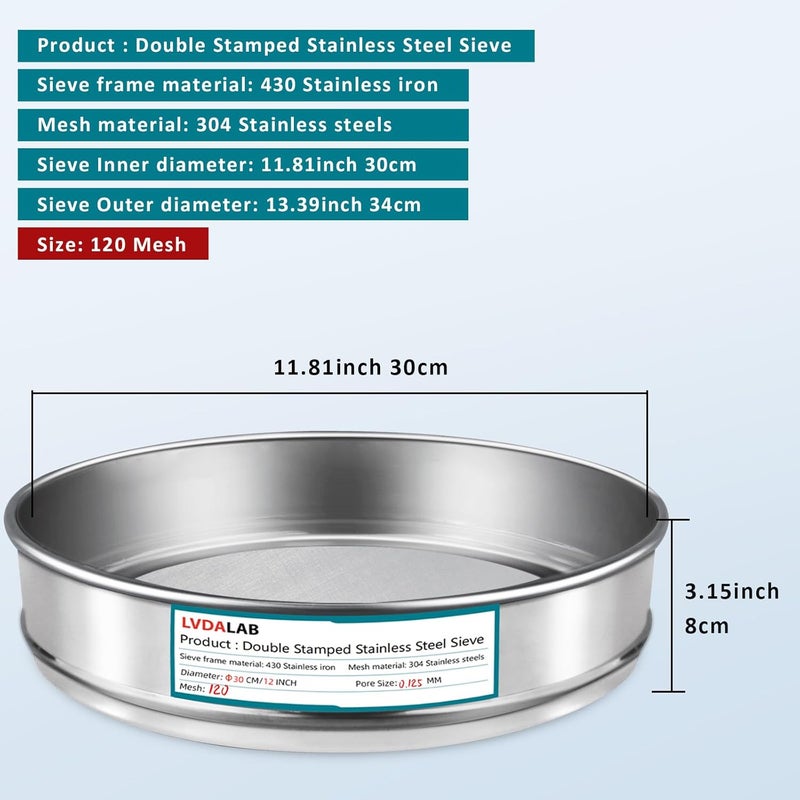 LVDALAB 304 Stainless Steel Lab Sieve Screen Mesh, 120 Mesh (0.125mm) Aperture Test Sieve, 12Inch(30cm) Diameter Economy Standard Analysis Sample Test Sieves for Industrial Laboratory Homes - Image 2